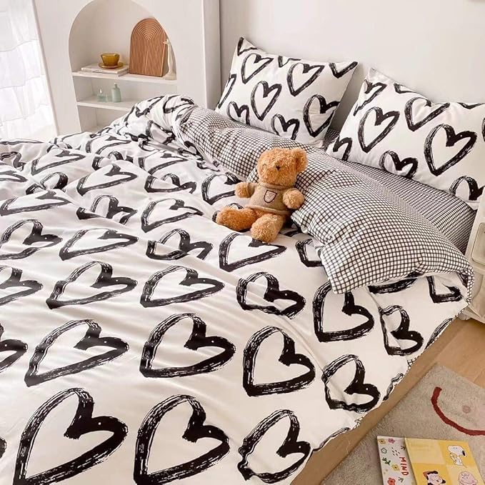 Pureant Love Comforter Set King Black and White Comforter Cotton Boho Black Quilts Women Men Heart Shaped Comforters Boys Teens Kawaii Comforter Cute Soft White Bedding Love Heart King Size Bedding