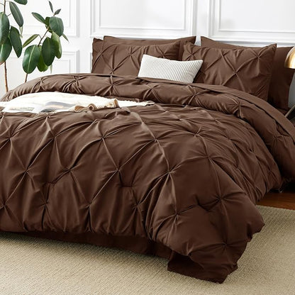 CozyLux Queen Comforter Set Brown, 7 Pieces Pintuck Bed in A Bag, Premium Brown Comforter Queen Size, Pinch Pleat Bedding Sets with Comforter, Sheets, Pillowcases & Shams