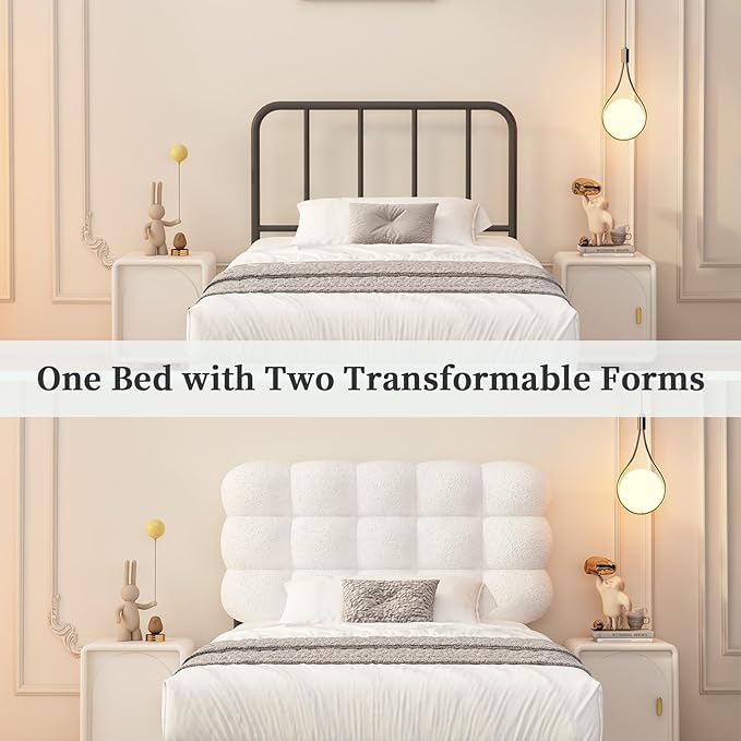 BarnFurin Twin Bed Frame, Platform Bed with Upholstered Headboard, Teddy Soft Boucle Fabric Bed Frame with Wooden Slats Support, Two Bed Forms Design, No Boxing Spring Needed, Easy Assembly, White