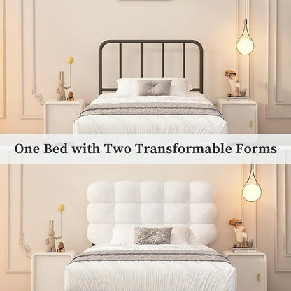 BarnFurin Twin Bed Frame, Platform Bed with Upholstered Headboard, Teddy Soft Boucle Fabric Bed Frame with Wooden Slats Support, Two Bed Forms Design, No Boxing Spring Needed, Easy Assembly, White