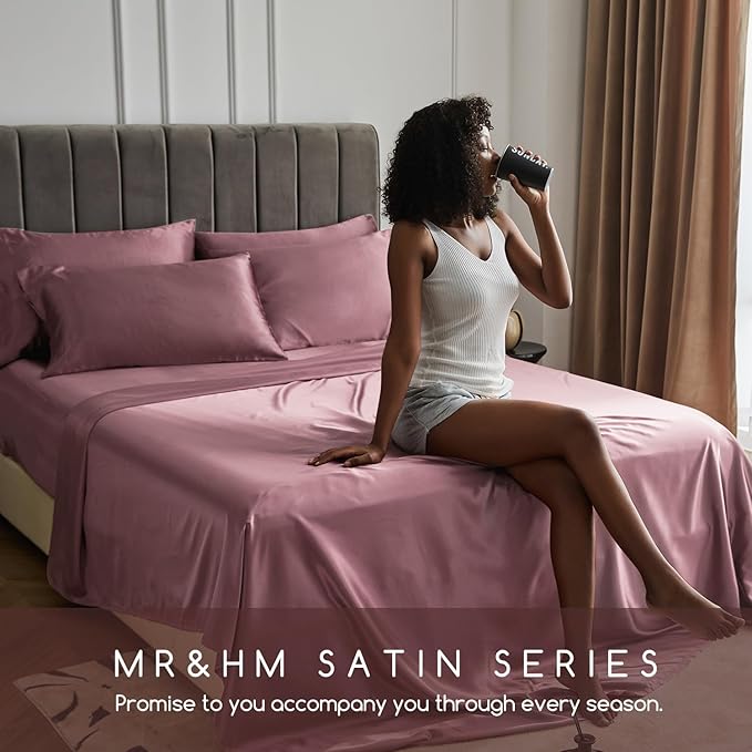 MR&HM Satin Bed Sheets Set, 3 Pcs, Twin XL, Rose Taupe, 600 Thread Count, 15 Inches Deep Pocket