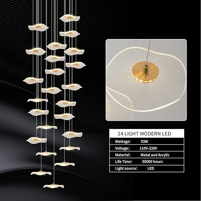 ziidoo High Ceiling Chandelier - 24-Light Dimmable Modern Gold Long Spiral Luxury Linear Lotus Leaf Led Lamp Hanging Pendant Lights for Foyer Enterway Staircase Villas