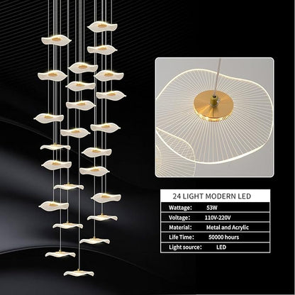 ziidoo High Ceiling Chandelier - 24-Light Dimmable Modern Gold Long Spiral Luxury Linear Lotus Leaf Led Lamp Hanging Pendant Lights for Foyer Enterway Staircase Villas