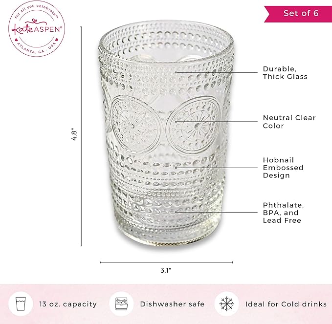 Kate Aspen Hobnail Beaded Floral Clear Drinking Glasses Set of 6, (13 oz) Vintage Glassware Set Cocktail Glass Set, Juice Glass, Water Cups | Great Hostess Gift & Gift for New Home Owners