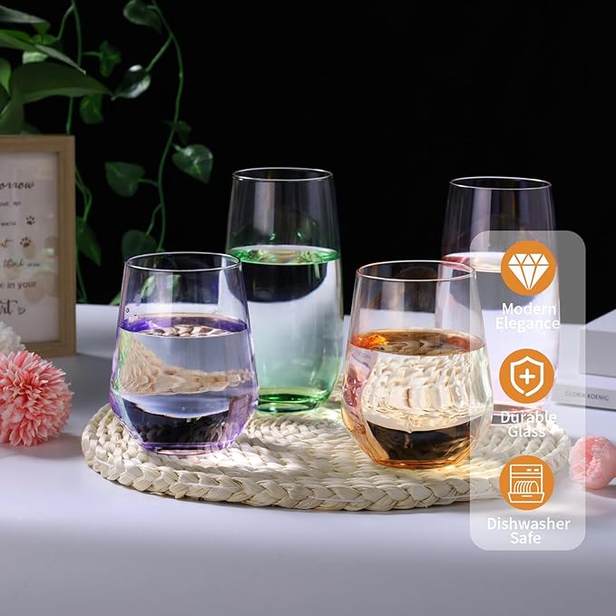 Set of 8 Drinking Glasses, Hand Blown, 4 Highball Glasses 18oz & 4 Stemless Wine Glasses 15oz, Colored Water Glass Cups, for Wedding, Gift
