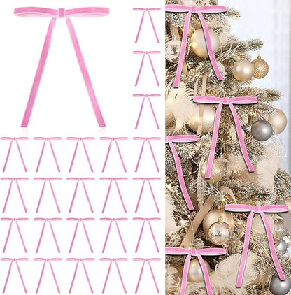 24 Pcs Pink Velvet Bows for Christmas Tree, Elegant Christmas Tree Bows, 5x7 Inch Pre-Tied Ribbon Bows for Wreaths, Gifts, and Holiday Décor, Velvet Bow Ornaments for Xmas Trees