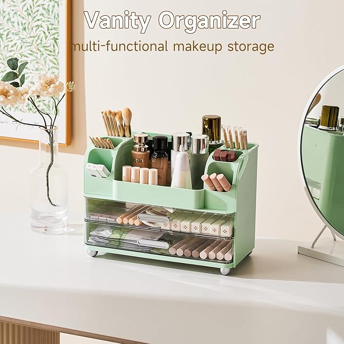 Makeup Organizer for Vanity with 2 Large Drawers, Cosmetic Display Case with Brush Holders, Easy to Storage for Bathroom Countertop Skincare, Desk Office Supplies, Green