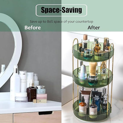 Rotating Makeup Organizer Countertop 3 Tier Lazy Susan Clear Skincare Perfume Storage for Bathroom Counter Vanity, Green Gold