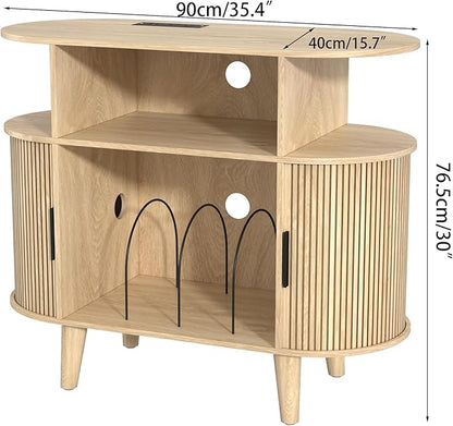 Large Round Record Player Stand with Charging Station & USB Ports，Record Storage Cabinet, Mid Century Modern Turntable Stand Console for Bedroom Living Room (Small Oak)