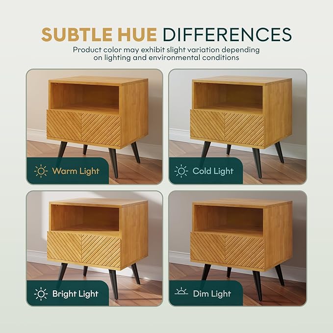 Bme Rhombus Wooden Nightstand with Storage Drawer – Solid Acacia Wood, Geometric Rhombus Pattern Front, Modern Scandinavian Side Table with Metal Base for Bedroom