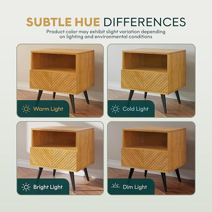 Bme Rhombus Wooden Nightstand with Storage Drawer – Solid Acacia Wood, Geometric Rhombus Pattern Front, Modern Scandinavian Side Table with Metal Base for Bedroom