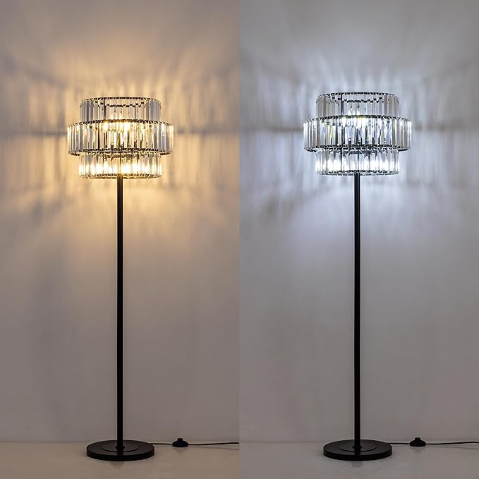 Wellmet Black Floor Lamp for Living Room, 6 Lights Modern Crystal Standing Lamp, Tall Elegant Floor Lamp with Foot Switch for Office, Reading Room, Bedroom, Dining Room(E12 Base)