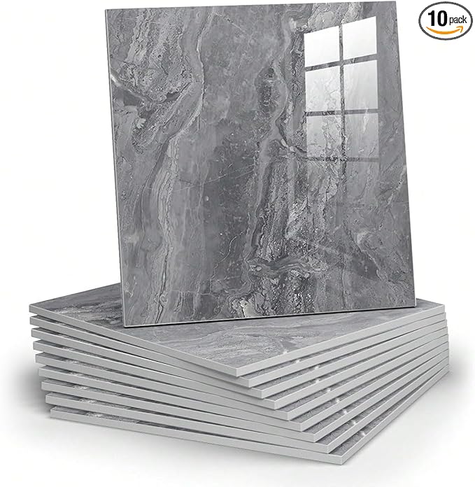 10pcs Marble Peel and Stick Backsplash Waterproof Washroom Wall Panels, Peel and Stick Tile, PVC Wall Panels for Kitchen (Grey Marble Tiles, 11.8" x 11.8" x2.5MM x 10Pack)