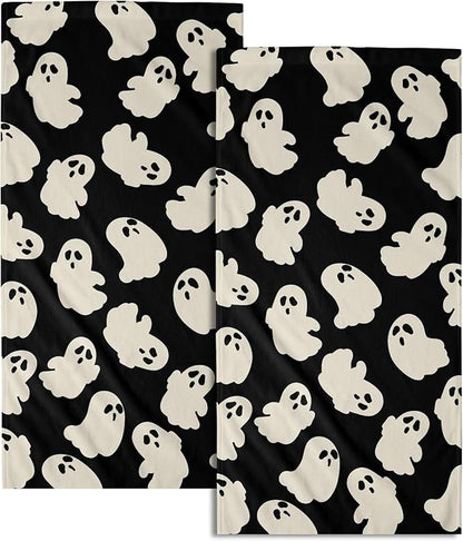 Halloween Ghost Hand Towels Set of 2 White Spooky Holiday Kitchen Towels Decorative Tabletop Decor