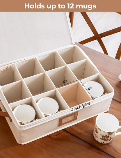 StorageWorks China Storage Container, Stackable Mug Storage Box with Dividers, Stemware Storage Cases, Hard Shell China Cup Organizer, Holds 12 Tea Cups and Coffee Mug, 2 Pack, Beige