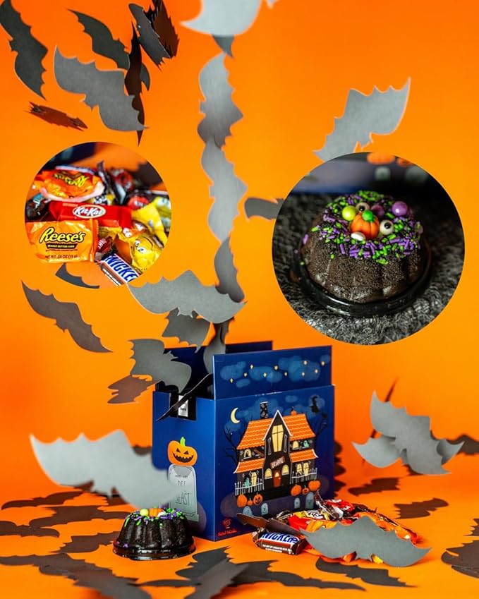 Send A Cake Haunted House Halloween Box with Flying Bat & Candy Kaboom – 3" Chocolate Witch Cauldron Cake – Fun Halloween Treat Delivery for Kids & Adults
