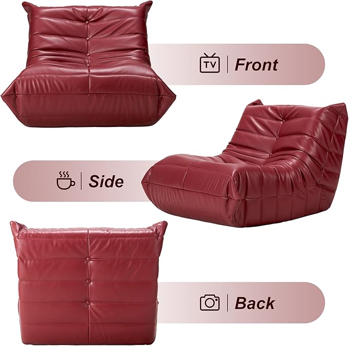 Hobestluk Giant Bean Bag Chair Lazy Floor Sofa, Fireside Sofa for Adults, Big Beanbag Faux Leather Armless Chair for Living Room Bedroom Dorm Office (WineRed, Single)