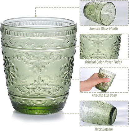 4Pcs Green Drinking Glassware, 10OZ Drinking Glasses, Heavy Duty Glass Cups, Colored Embossed Glasses Set for Party Wedding Home Office Glassesware Gift