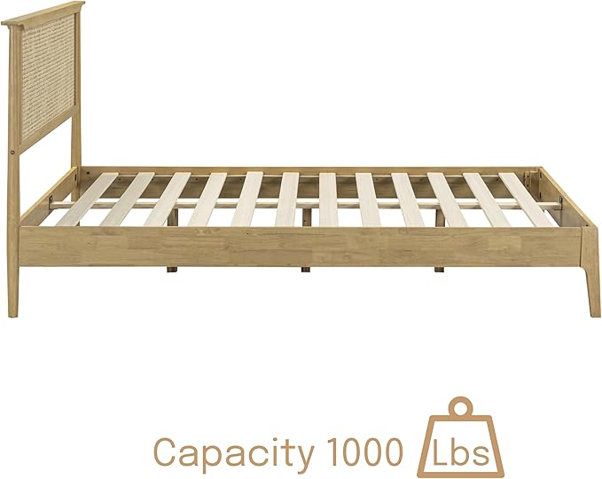 NTC Ruby Wooden Bed Frame with Headboard, Solid Wood Foundation with Silent Slats and Wood Central Supports, 1000 Lb Capacity, Effortless Assembly, Multiple Sizes and Colors (Sand, Queen)