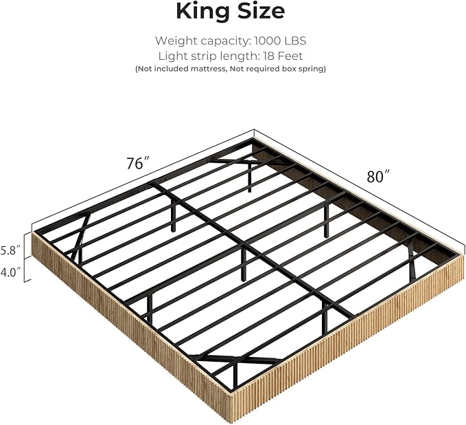 Evermagin Natural King Floating Bed Frame with led Lights, Bohemia Fluted Floating Platform Bed No Headboard, Heavy Duty Metal Float Bedframe No Box Spring Needed