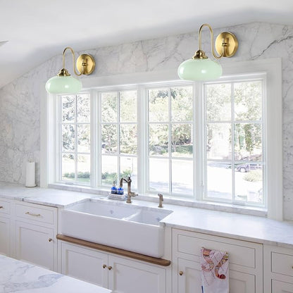 KCO Lighting Vintage Green Wall Sconces Light Set of Two Gold Globe Wall Sconce Mid Century Modern Bathroom Vanity Light Fixture Brass Indoor Wall Sconce Light Fixture (2 Pack)