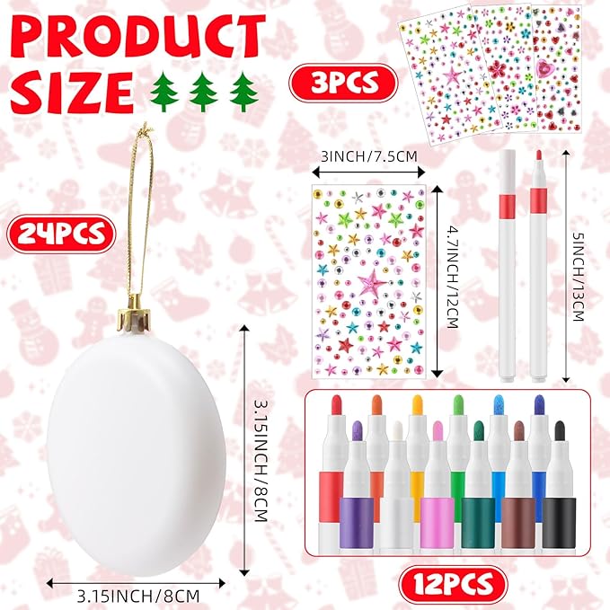 Syhood 24 Pcs 3.15'' DIY Christmas Blank White Ball Ornaments Set Plastic Matte Flat Discs Ornaments DIY Xmas Tree Decoration with Acrylic Paint Markers Gems Stickers for Crafts Party Decor