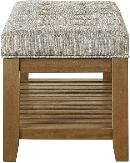 24KF Large Rectangular Upholstered Tufted Linen Fabric Ottoman Bench, Padded Bench with Solid Wood Shelf-Linen