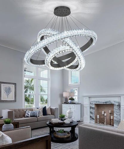 31.5" 3 Ring Crystal Chandelier Modern LED Dimmable Ring Pendant Light Round Chandelier for Dining Room Living Room Black