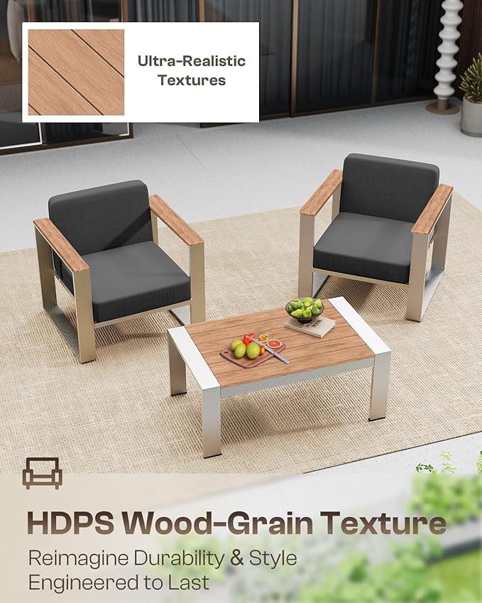 Aluminum Outdoor Patio Furniture,2 Pieces Outdoor Chair, All-Weather Outside Single Chair for Deck, Porch (Teak-Charcoal)