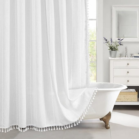 MitoVilla Modern Farmhouse Shower Curtain Set 72 x 78, Boho 78 inch Long Polyester Linen Tassel Fabric Shower Curtain Set for Chic Cottagecore French Rustic Bathroom Decor, White