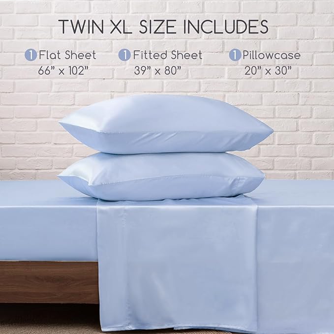 MR&HM Satin Bed Sheets, Twin XL Size Sheets Set, 3 Pcs Silky Bedding Set with 15 Inches Deep Pocket for Mattress (Twin XL, Light Blue)