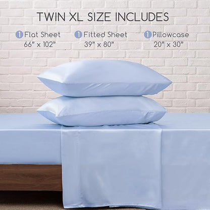MR&HM Satin Bed Sheets, Twin XL Size Sheets Set, 3 Pcs Silky Bedding Set with 15 Inches Deep Pocket for Mattress (Twin XL, Light Blue)