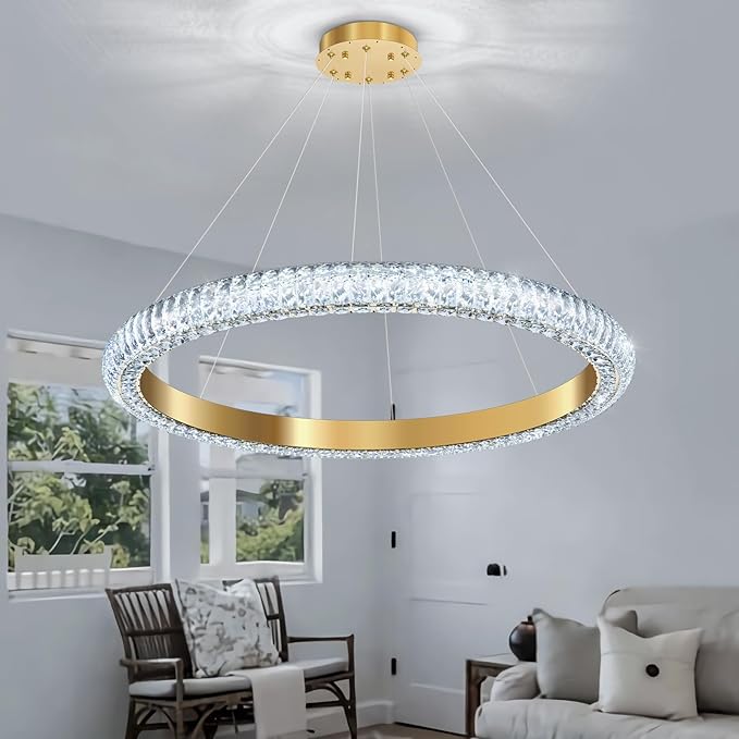 31.5" 1 Ring Crystal Chandelier Modern LED Dimmable Ring Pendant Light Chandelier for Dining Room Living Room Gold