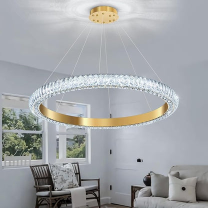 31.5" 1 Ring Crystal Chandelier Modern LED Dimmable Ring Pendant Light Chandelier for Dining Room Living Room Gold