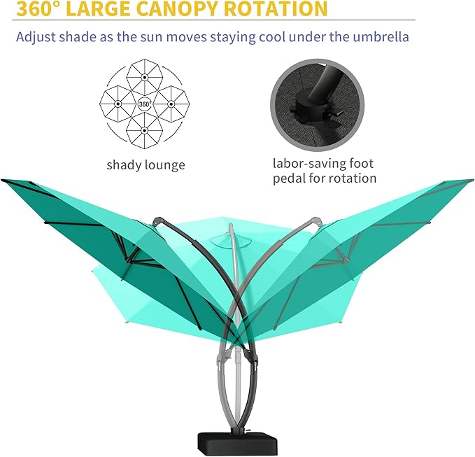 Kingdura 12ft Offset Cantilever Patio Umbrella with Base Included, Large Round Aluminum Outdoor Umbrella, 360° Rotation & Infinite Tilt, Heavy Duty Frame for Deck Pool Backyard, Turquoise blue