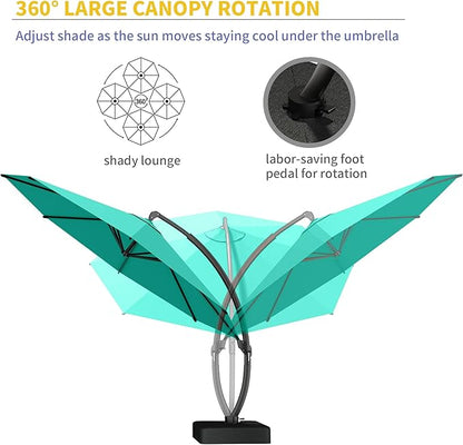 Kingdura 12ft Offset Cantilever Patio Umbrella with Base Included, Large Round Aluminum Outdoor Umbrella, 360° Rotation & Infinite Tilt, Heavy Duty Frame for Deck Pool Backyard, Turquoise blue