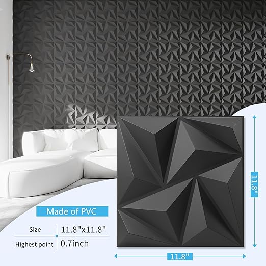 Art3d 3D Wall Panels 20 Pack, 11.8" x 11.8" (19 Sq.ft) PVC Wall Panels, Glue Up Wall Decor for Living Room, Bedroom, Office, Black