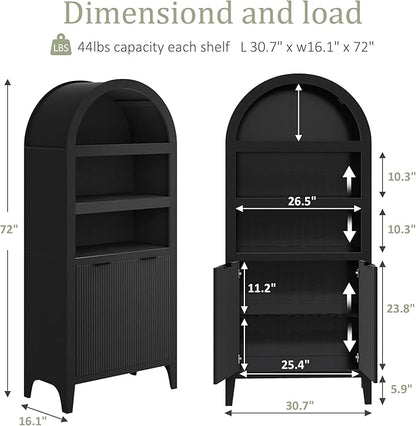Arched Cabinet Bookshelf Black Arch Bookcase with Doors, Wooden Curved Book Case 5-Tier Tall Round Top Bookshelves for Living Room