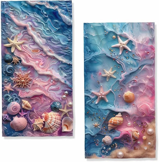Marble Texture Kitchen Towels Set of 2 Starfish Shells Pearls Dish Towels Gifts for Women 16x24 Tabletop Decor Marble
