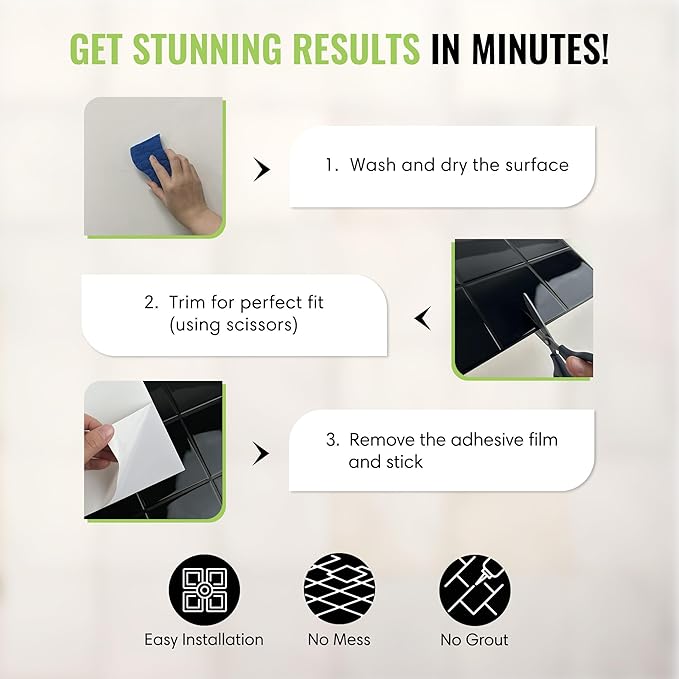 5 Pack Peel and Stick Backsplash Square Tiles, Extra Thick 3D Wall Panels, Heat & Water Resistant, Easy DIY Kitchen, Bathroom, Laundry, Fireplace & Rental Home Wall Décor (12 x 12 in), Black