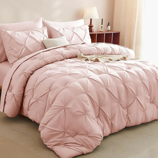 CozyLux Twin XL Comforter Set Blush Pink, 5 Pieces Twin Extra Long Pintuck Bed in A Bag for College Dorm, Pinch Pleat Bedding Set with Comforter, Sheets, Pillowcase & Sham