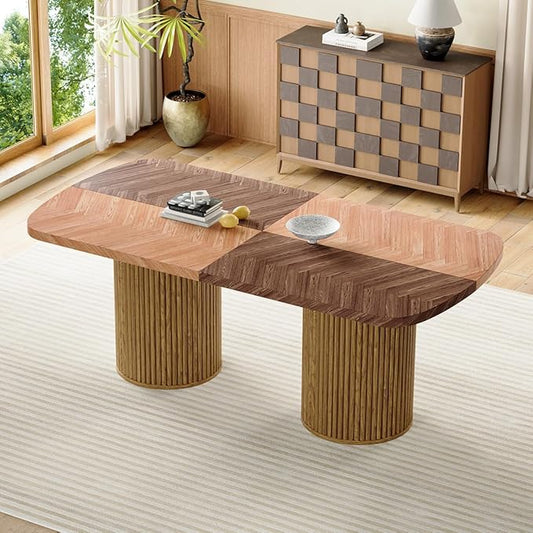 78.7" Extra Long Dining Table for 6-10 People, Farmhouse Kitchen Table with Cylindrical Fluted Bases, Modern Rectangular Dining Table for Dining Room, Kitchen, Living Room