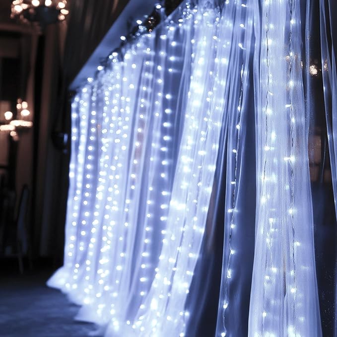 Dazzle Bright 300 LED Curtain String Lights, Christmas Fairy Lights for Bedroom with 8 Lighting Modes, Connectable Waterproof Window Lights Party Wedding Garden Wall Decor, White