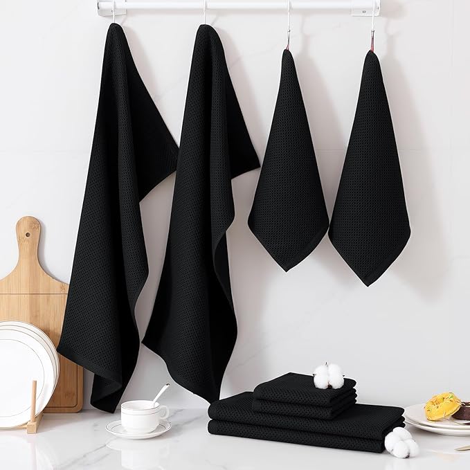 Homaxy 100% Cotton Kitchen Towels and Dishcloths Set, 12 x 12 Inches and 13 x 28 Inches, Set of 16 Bulk Kitchen Towels Set, Ultra Soft Absorbent Dish Cloths for Washing Dishes, Black