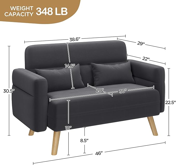 Yaheetech 46" Small Modern Fabric Loveseat Mid Century 2 Seater Sofa with Lumbar Pillows Solid Wood Legs, Dark Gray