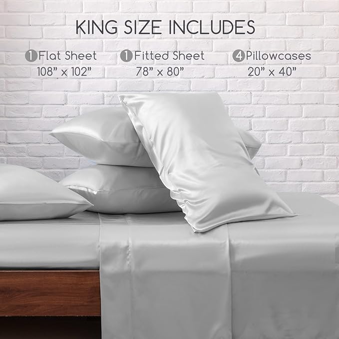 MR&HM Satin Bed Sheets, King Size Sheets Set, 6 Pcs Silky Bedding Set with 15 Inches Deep Pocket for Mattress (King, Silver Grey)