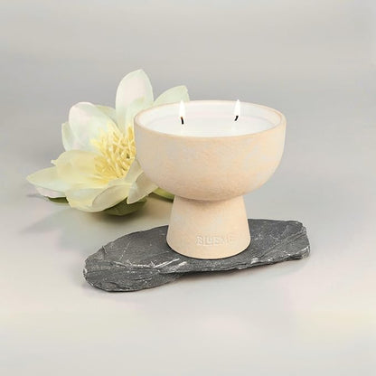 BLUEME Balance-White Lotus & Tea, 2 Wick, Refillable Wellness Candle, Contains Essential Oil, Sustainable, Hand Finished, Hand Poured, Premium, Luxury Ceramic, Natural Cotton Wick, Soy-Wax Blend