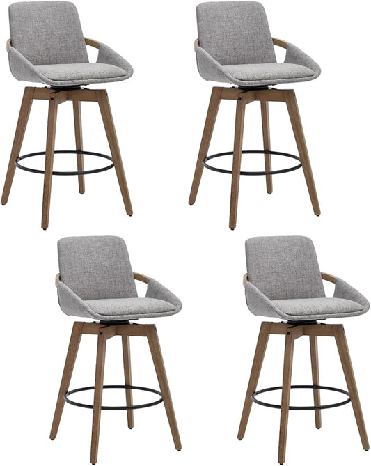 Mid-Century Swivel Bar Stools Set of 4, 26.5 inch Counter Height Barstools Linen Fabric Bar Chairs with Wooden Frame for Kitchen Island Dining Room, Grey