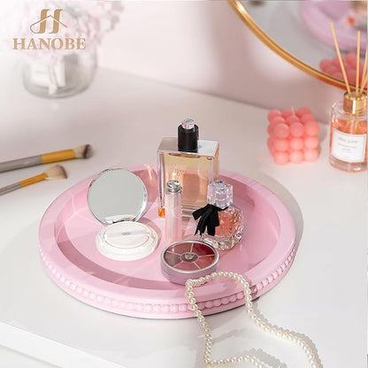 Hanobe Pink Tray Decorative Round: Beaded Perfume Trays Decor Circle Vanity Makeup Serving Tray for Ottoman Bathroom Counter