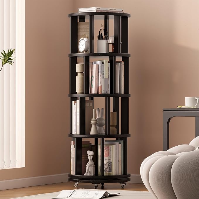 Solid Wood Rotating Bookshelf on Wheels, 4 Tier, Round Revolving Bookcase, 360° Spinning Book Shelf Tower for Kids, Narrow Rolling Bookshelves for Small Space, Corner, Bedroom, Office, Black